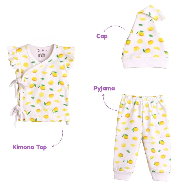 Organic Cotton Newborn Baby Clothing Set | Baby Shower Gift Hamper | Kimono Top, Pyjama & Cap Set | 0-6 Months | Pack of 3