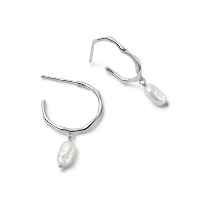 Organic Hoop Pearl Drop Earrings Sterling Silver