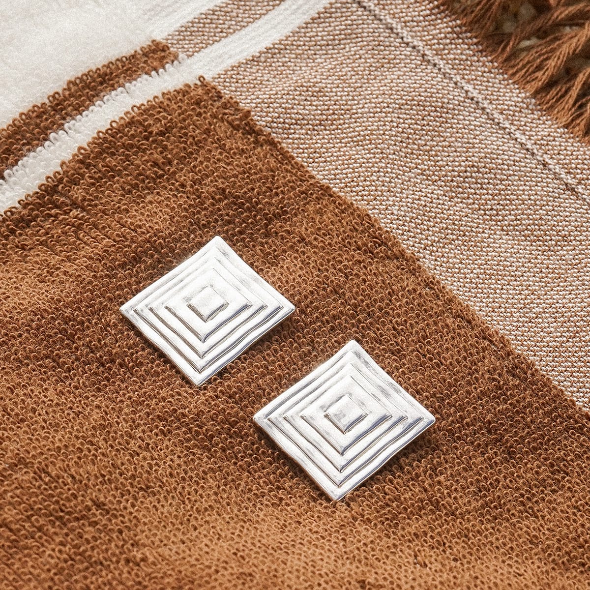 Oversized Strata Square Studs Earrings Silver Plate