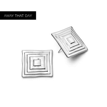 Oversized Strata Square Studs Earrings Silver Plate