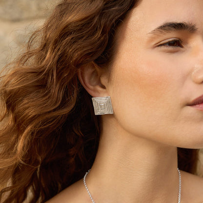 Oversized Strata Square Studs Earrings Silver Plate
