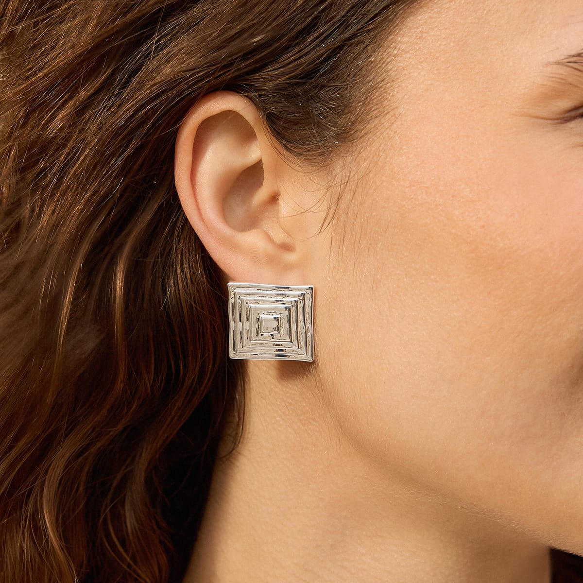 Oversized Strata Square Studs Earrings Silver Plate