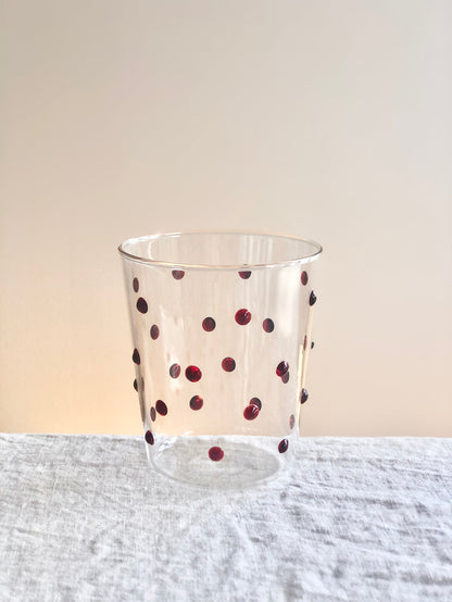 clear glass tumblers with red glass dots