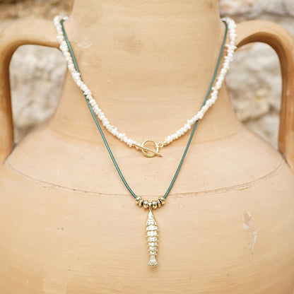 Polly Beach Pearl and Fish Cord Necklace Layering Set 18ct Gold Plate