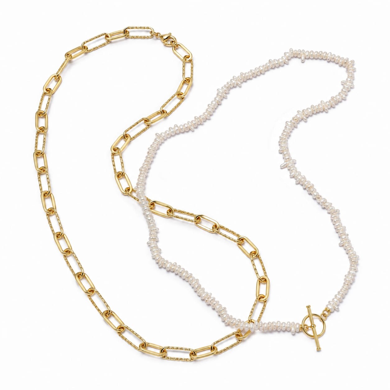 Polly Beach Pearl and Paperclip Necklace Layering Set 18ct Gold Plate