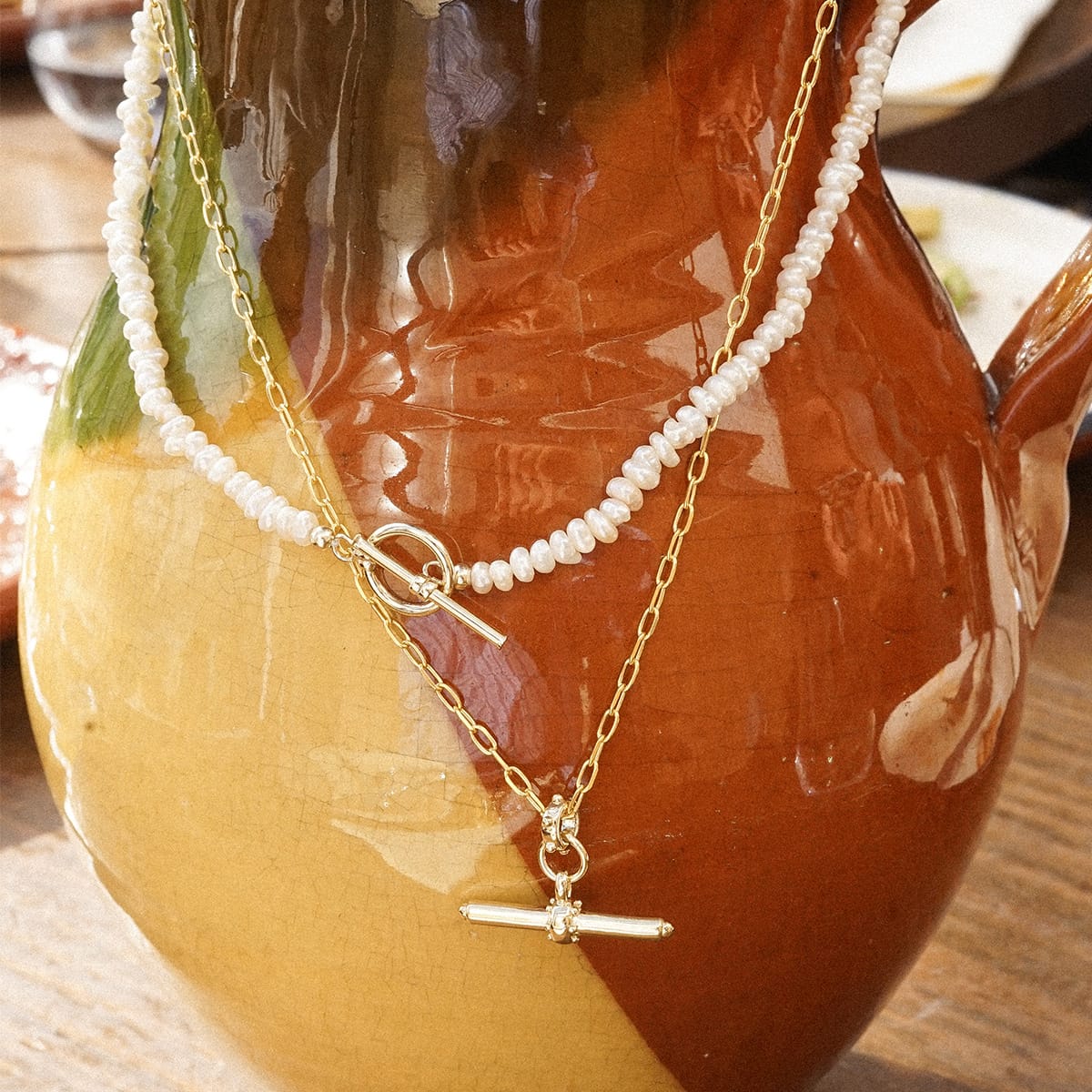 Polly Beach Pearl T Bar Necklace 18ct Gold Plate