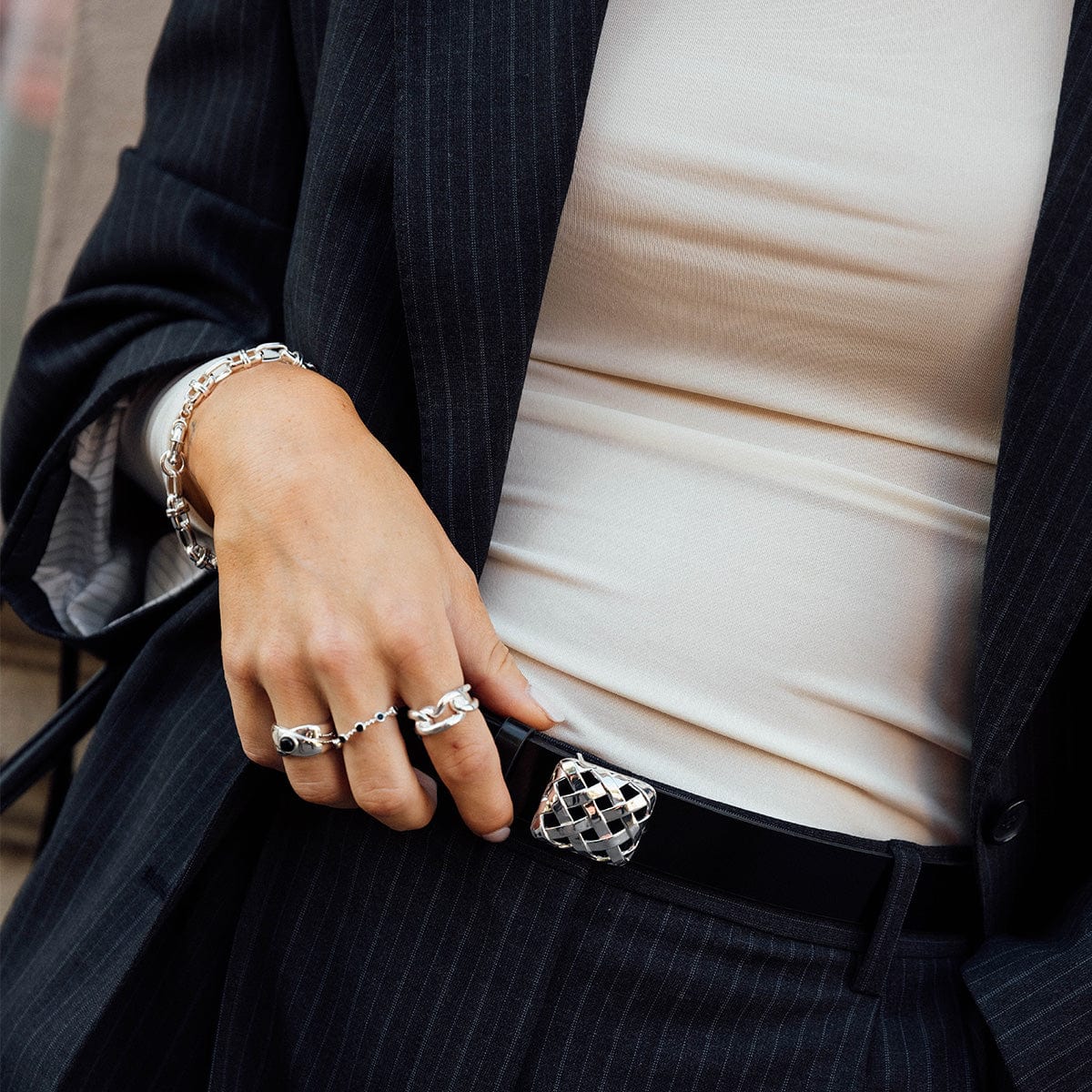 Polly Black Leather Belt Silver Plate