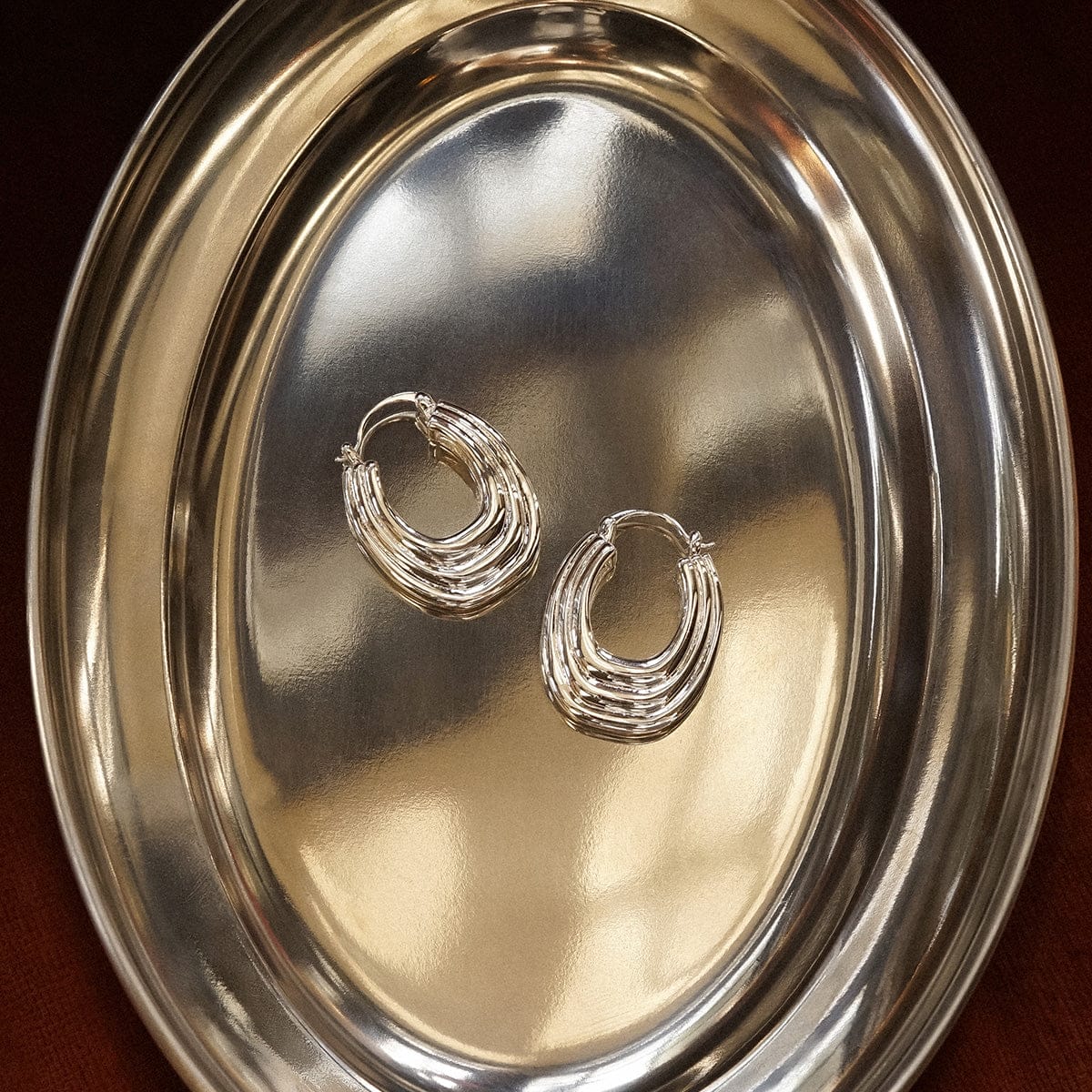 Polly Chunky Ridge Hoop Earrings Silver Plate