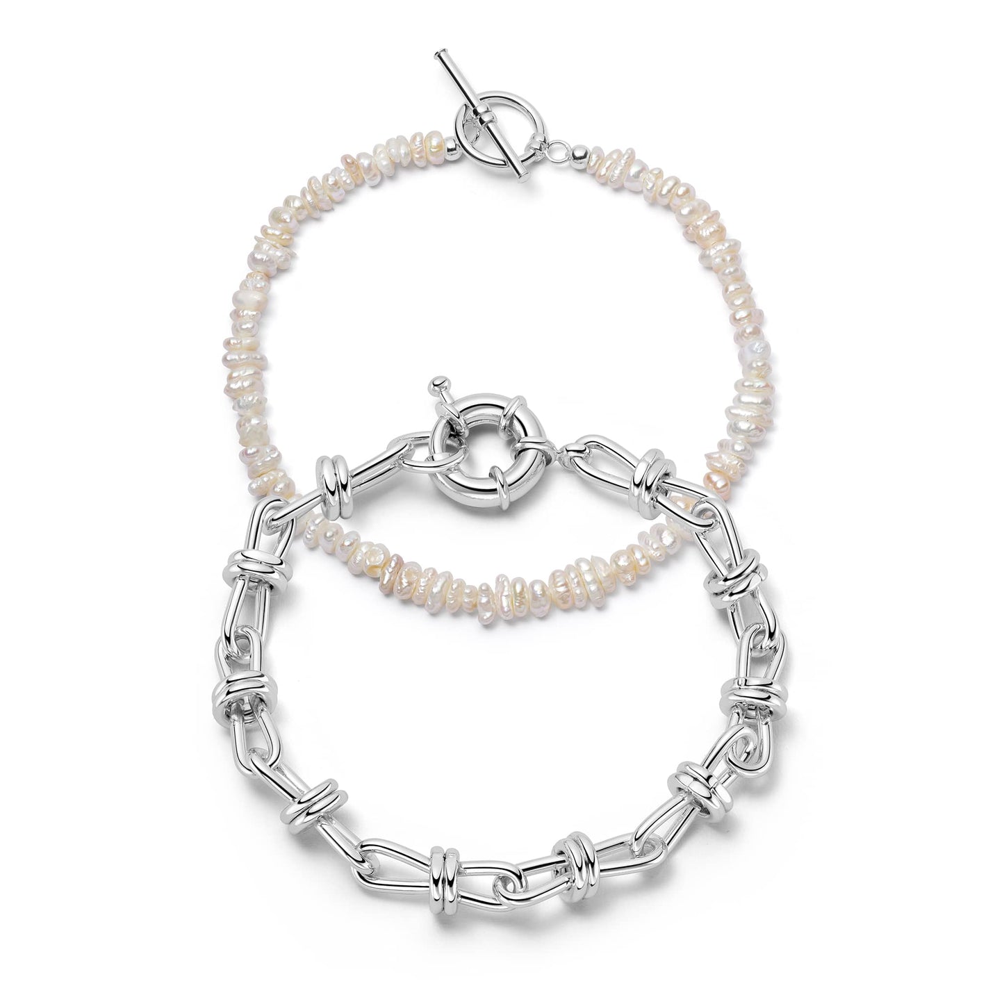 Polly Knot Chain and Beach Pearl Bracelet Set Silver Plate