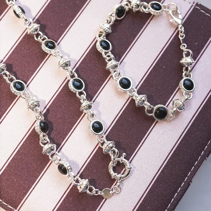 Polly Black Onyx Chain Necklace Silver Plate