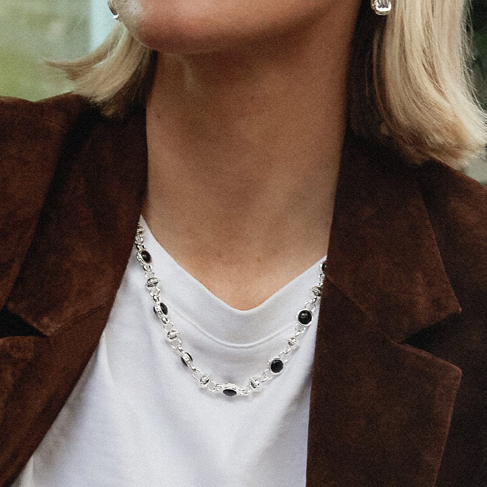 Polly Black Onyx Chain Necklace Silver Plate