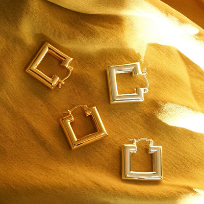 Polly Chubby Square Hoop Earrings Silver Plate