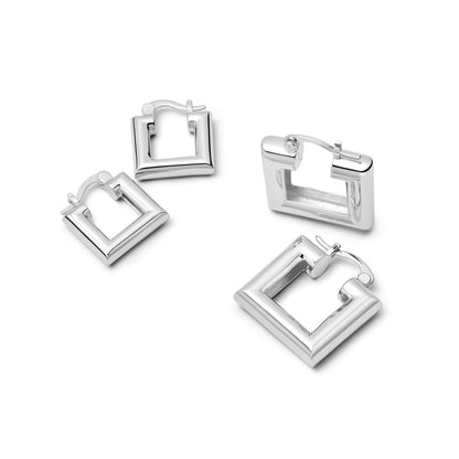Polly Chubby Square Hoop Earrings Silver Plate