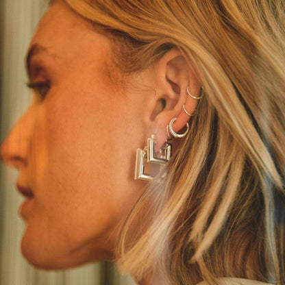 Polly Chubby Square Hoop Earrings Silver Plate