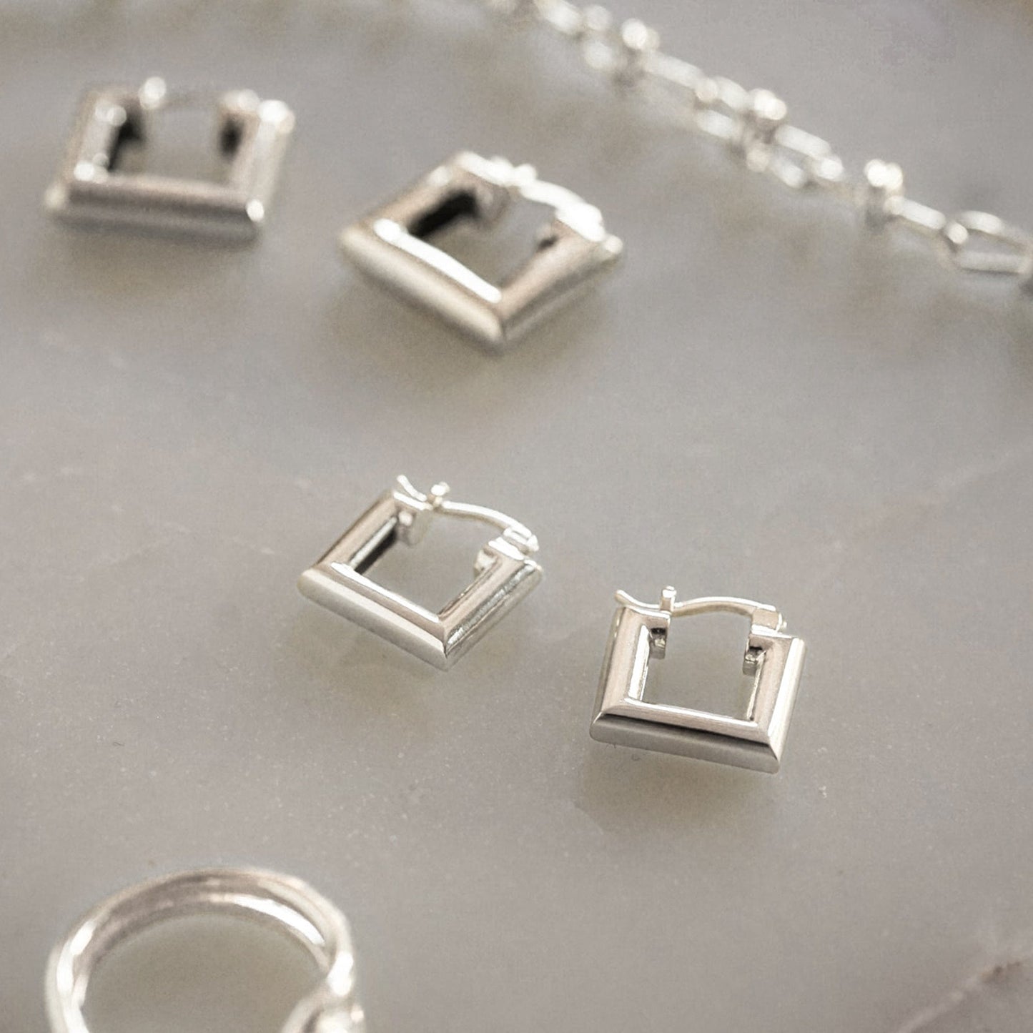 Polly Mini Chubby Square Hoop Earrings Silver Plate
