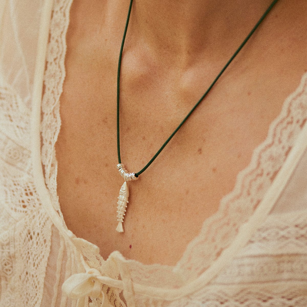 Polly Tidal Fish Cord Necklace Silver Plate
