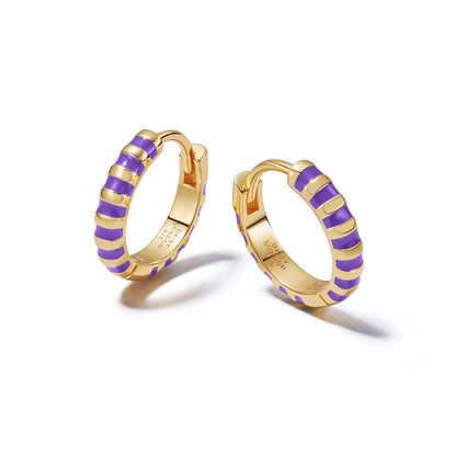 Purple Fine Stripe Huggie Hoop Earrings 18ct Gold Plate