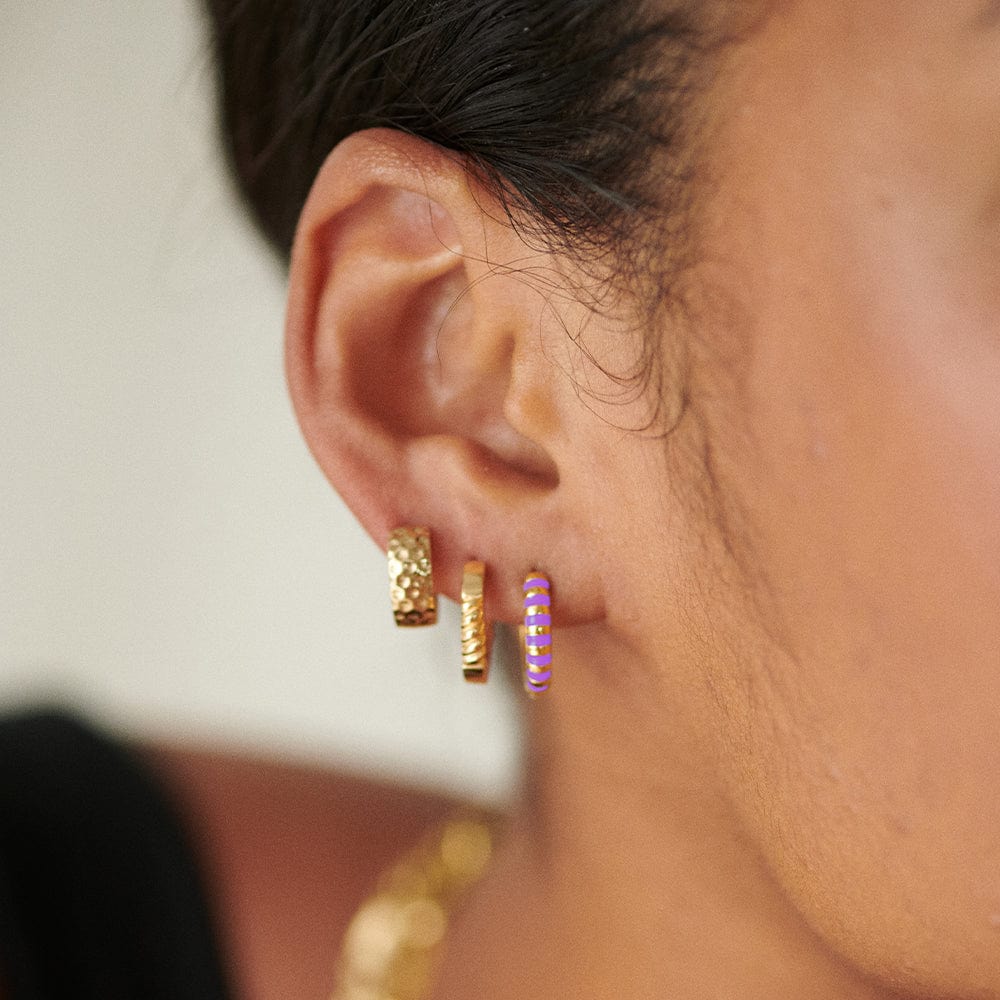 Purple Fine Stripe Huggie Hoop Earrings 18ct Gold Plate