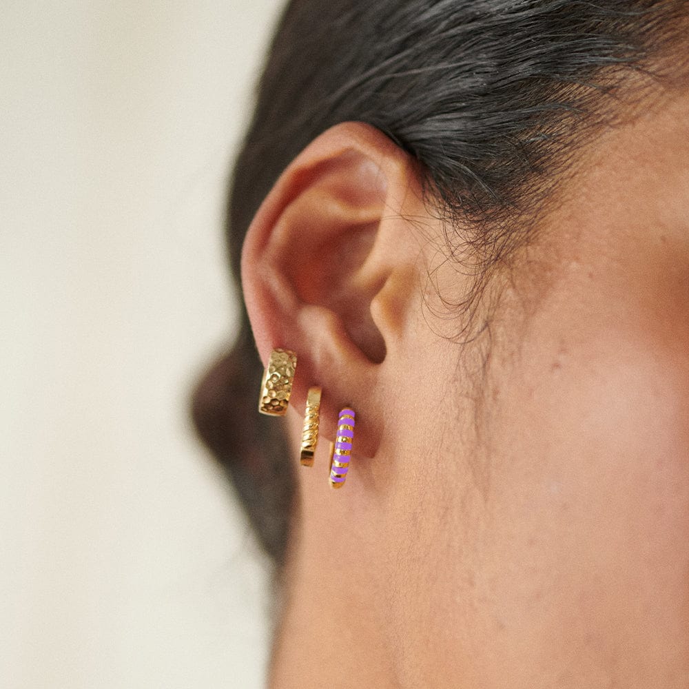 Purple Fine Stripe Huggie Hoop Earrings 18ct Gold Plate