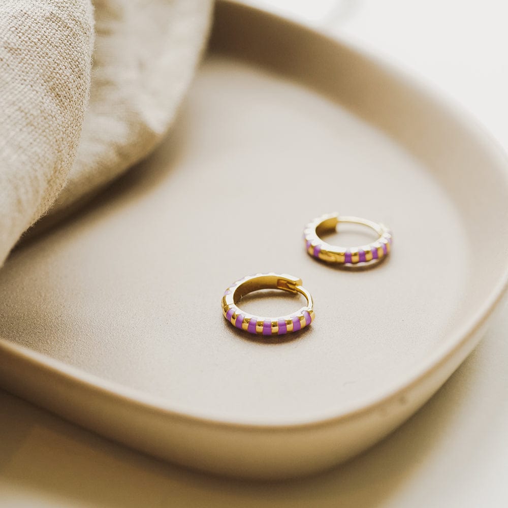 Purple Fine Stripe Huggie Hoop Earrings 18ct Gold Plate