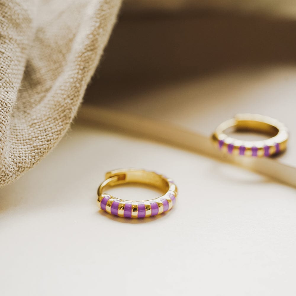 Purple Fine Stripe Huggie Hoop Earrings 18ct Gold Plate
