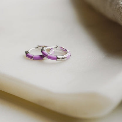 Purple Stripe Huggie Hoop Earrings Sterling Silver