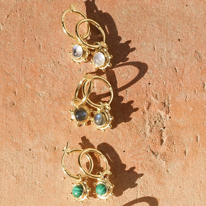 Rainbow Moonstone Healing Stone Charm Earrings 18ct Gold Plate