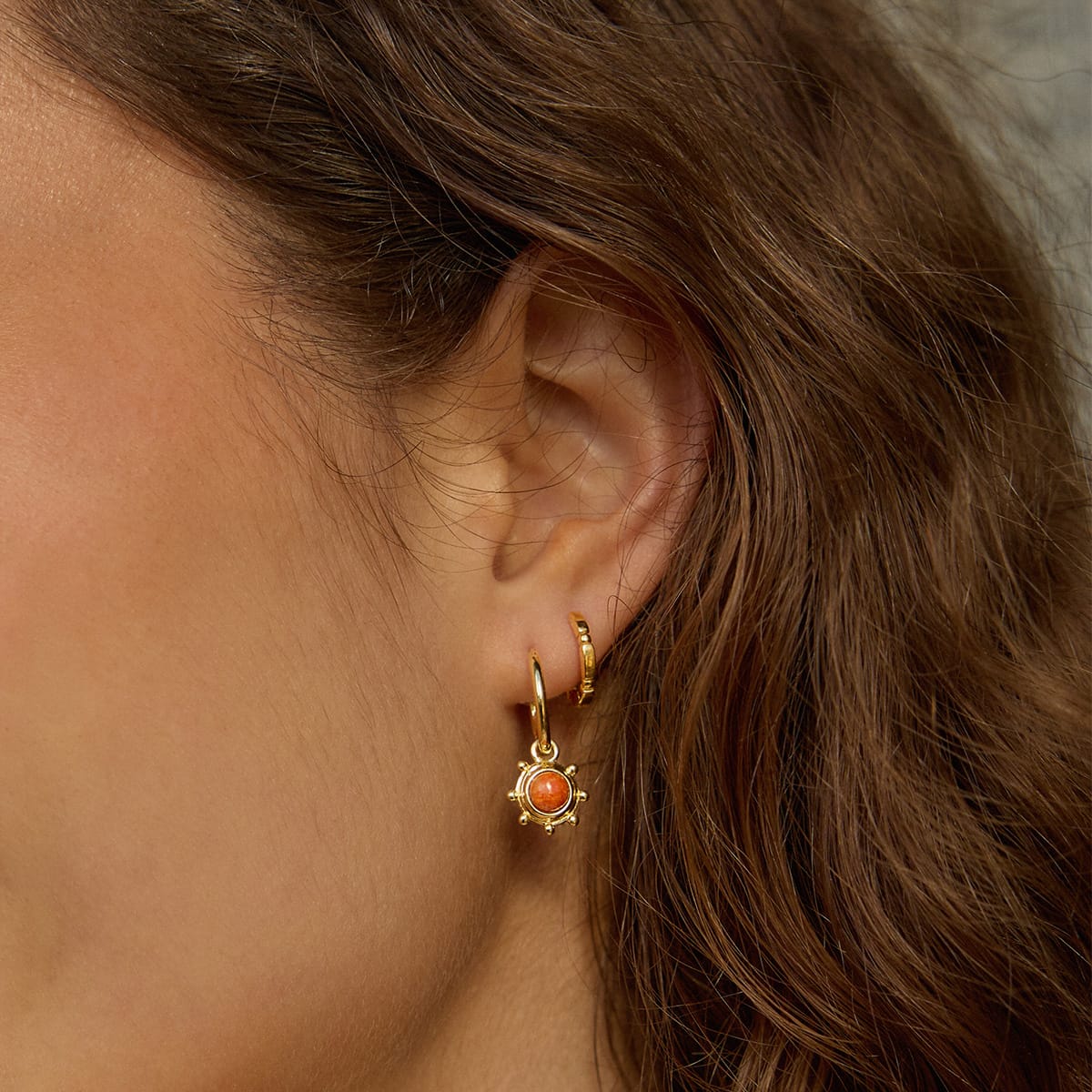 Red Coral Healing Stone Charm Earrings 18ct Gold Plate