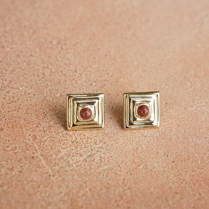 Red Jasper Mini Square Stud Earrings 18ct Gold Plate