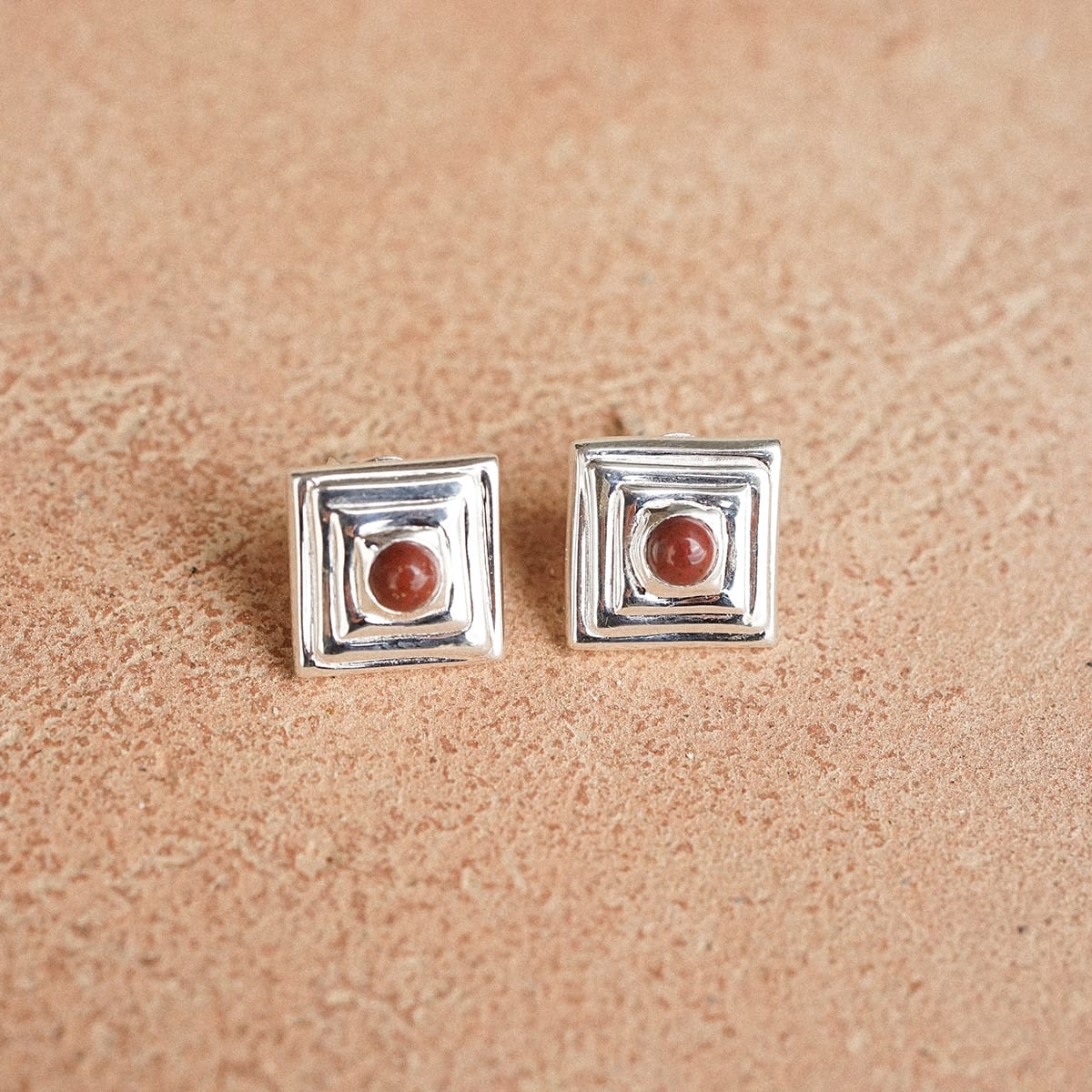 Red Jasper Mini Square Stud Earrings Sterling Silver