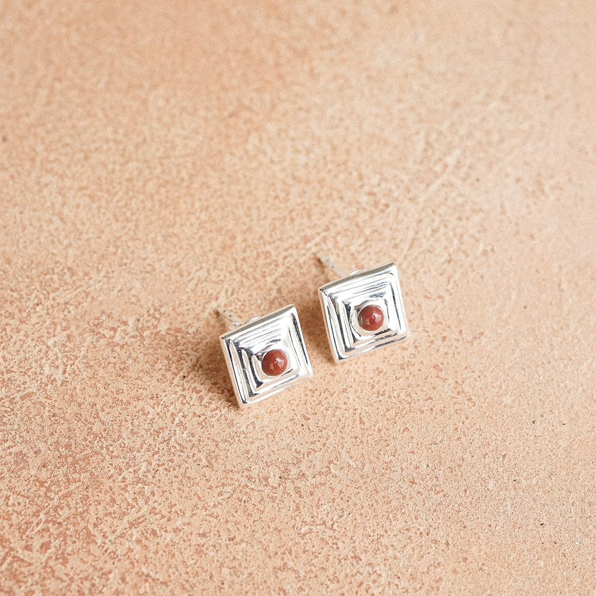 Red Jasper Mini Square Stud Earrings Sterling Silver