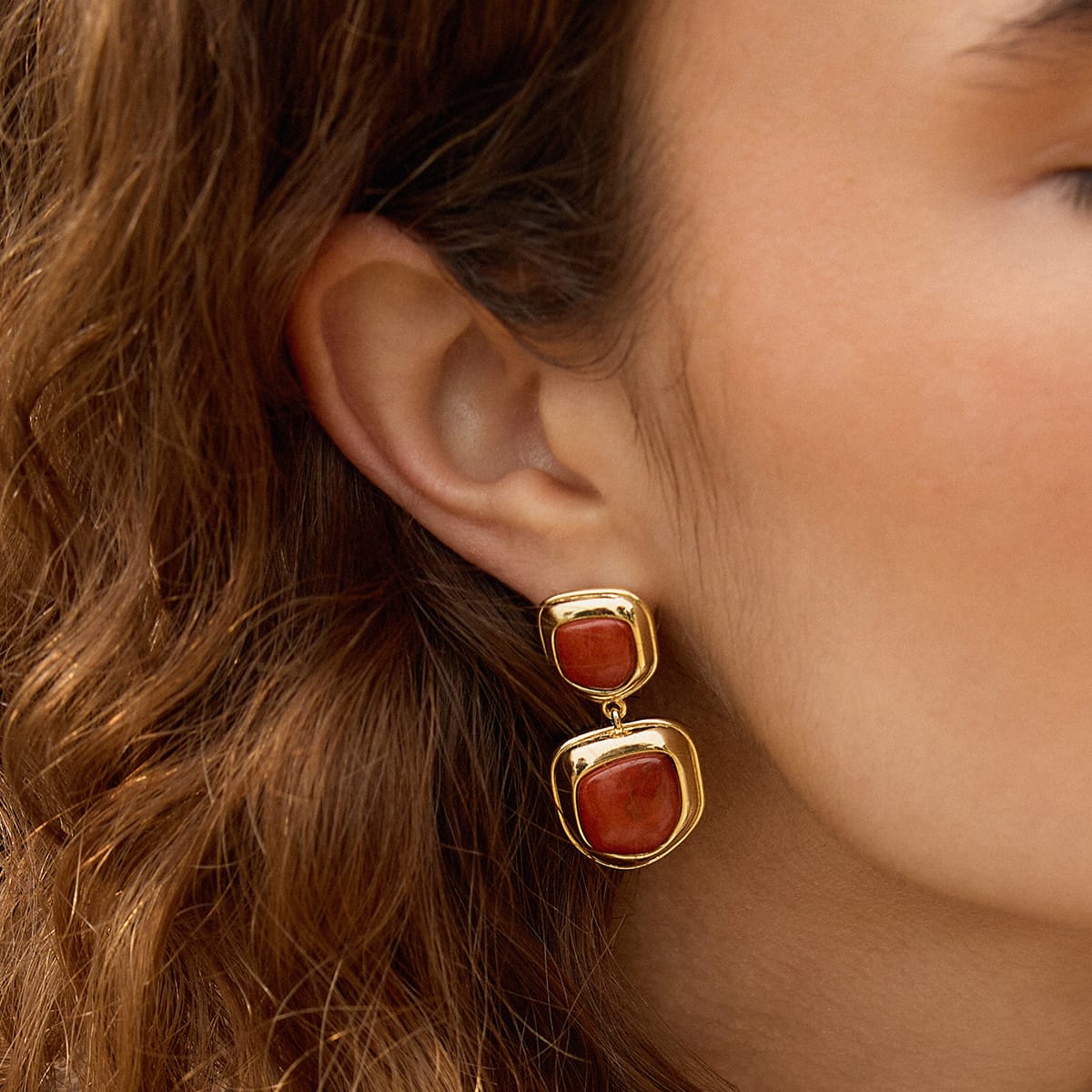 Red Jasper Organic Double Drop Earrings 18ct Gold Plate