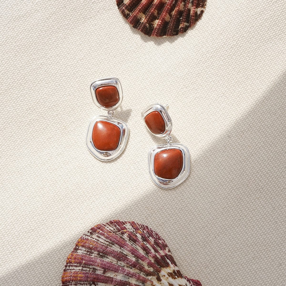 Red Jasper Organic Double Drop Earrings Silver Plate