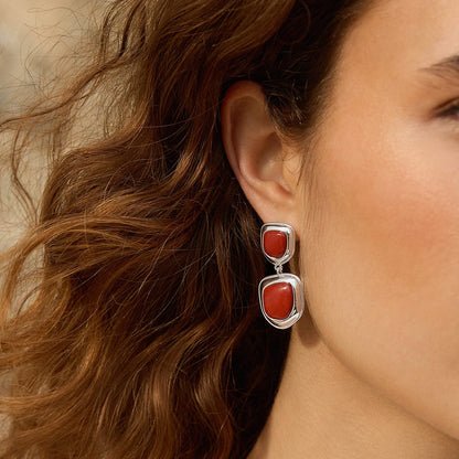 Red Jasper Organic Double Drop Earrings Silver Plate