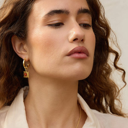 Red Jasper Square Chubby Hoop Earrings 18ct Gold Plate