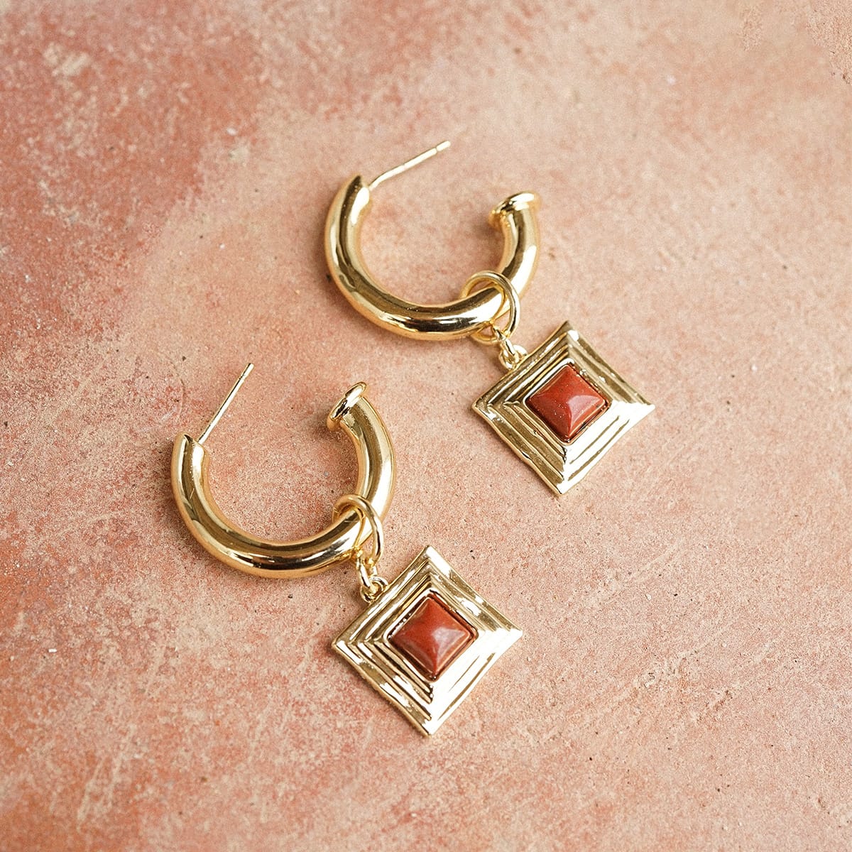Red Jasper Square Chubby Hoop Earrings 18ct Gold Plate
