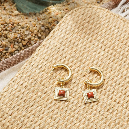 Red Jasper Square Chubby Hoop Earrings 18ct Gold Plate