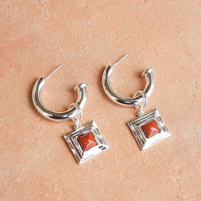 Red Jasper Square Chubby Hoop Earrings Silver Plate