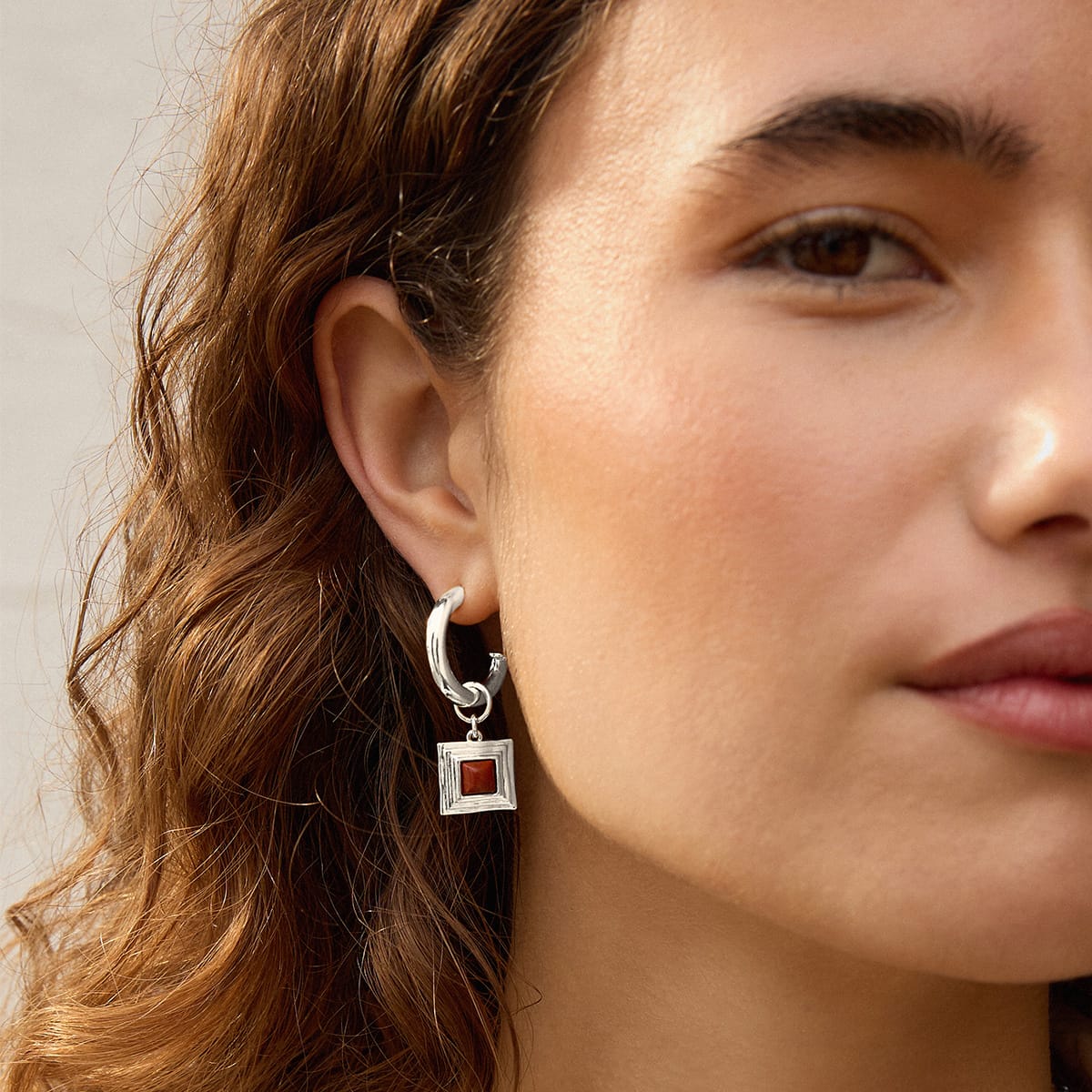 Red Jasper Square Chubby Hoop Earrings Silver Plate