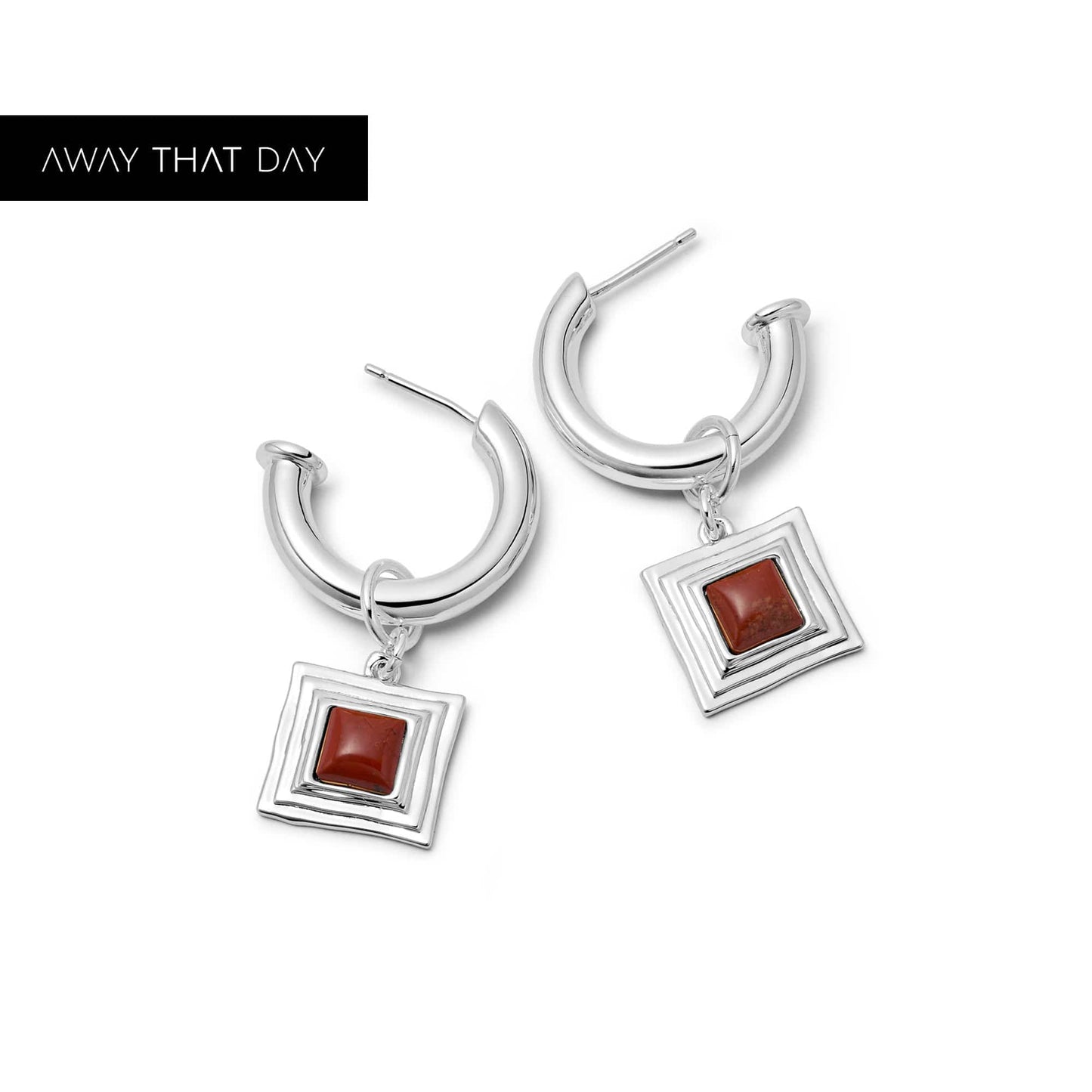 Red Jasper Square Chubby Hoop Earrings Silver Plate