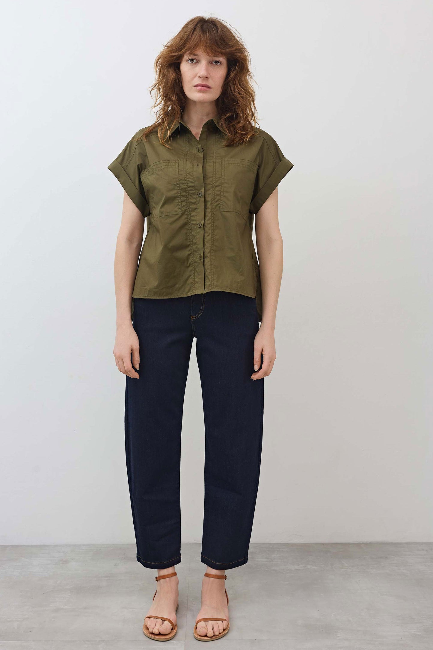 Short Sleeve Poplin Button Down Blouse