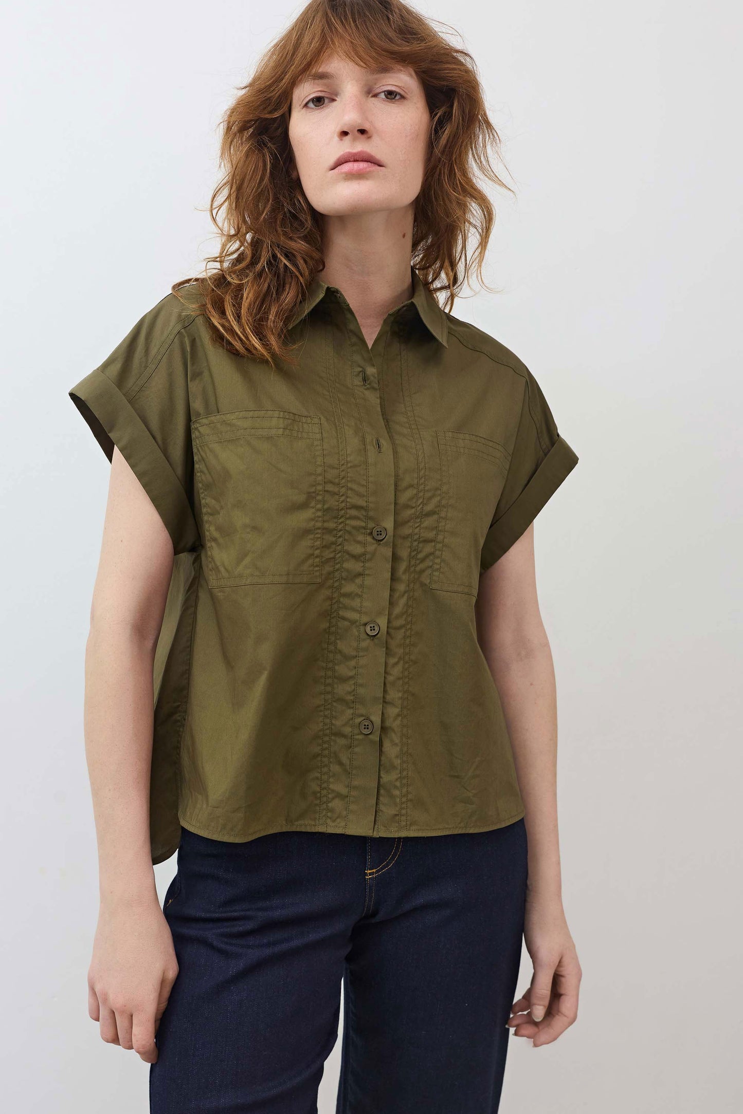 Short Sleeve Poplin Button Down Blouse