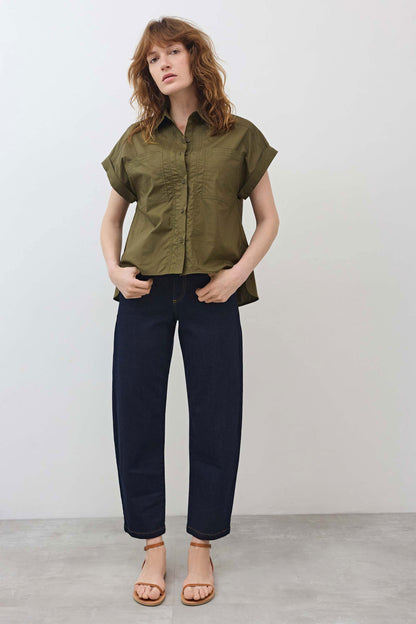 Short Sleeve Poplin Button Down Blouse