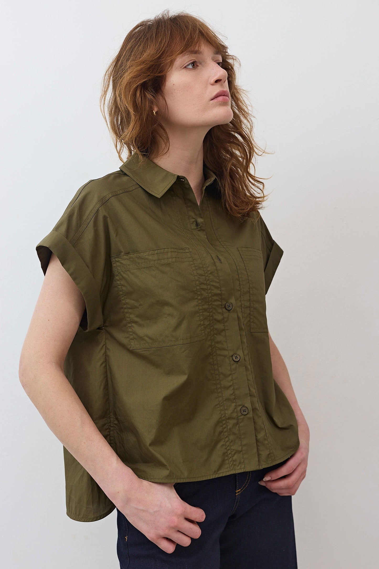 Short Sleeve Poplin Button Down Blouse