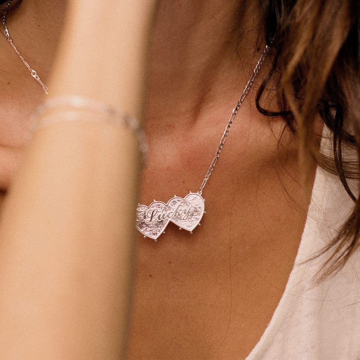 Shrimps Double Heart Necklace Silver Plate