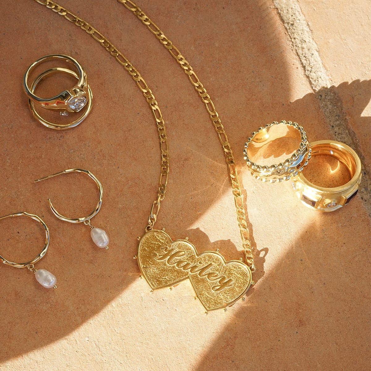 Shrimps Double Heart Personalised Necklace 18ct Gold Plate