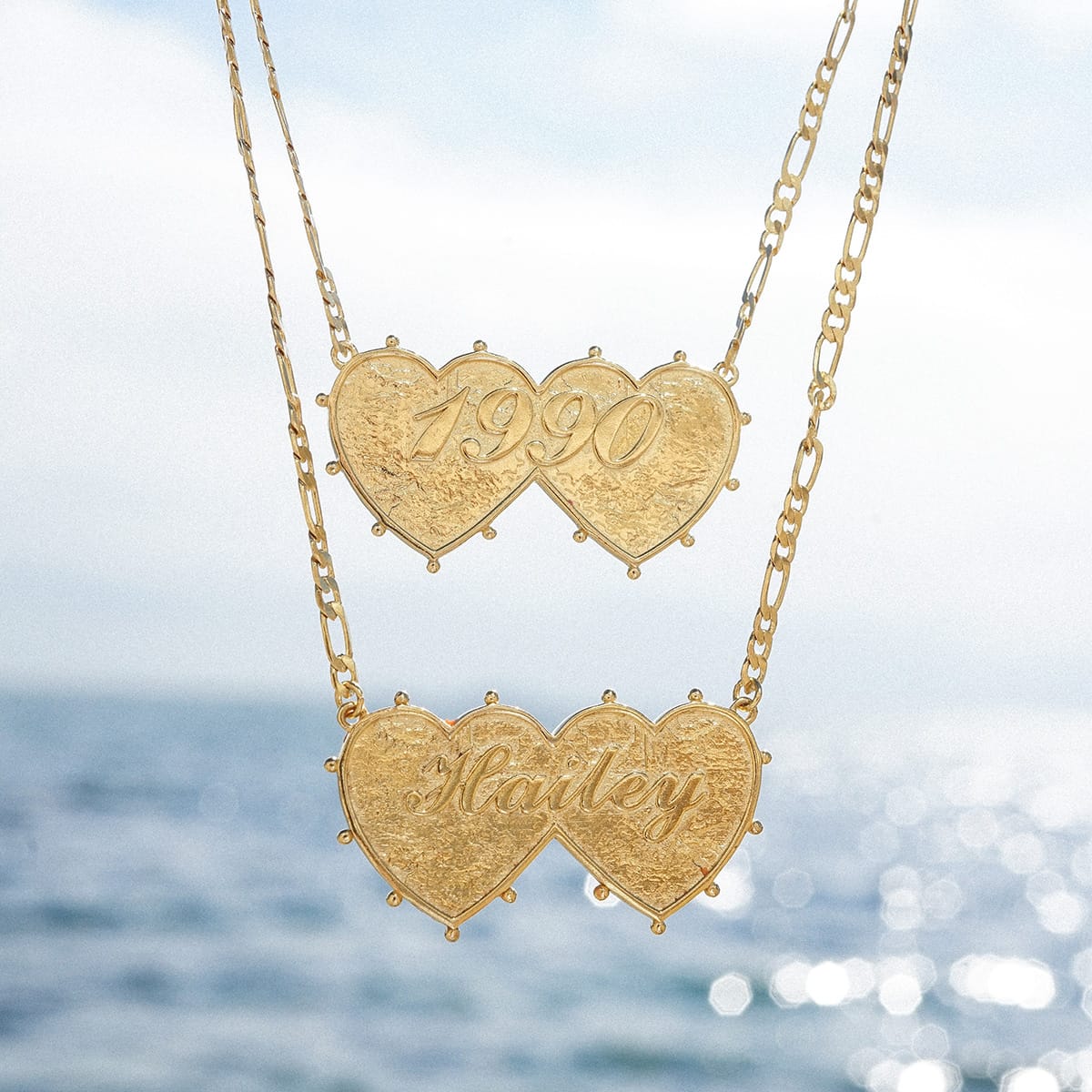 Shrimps Double Heart Personalised Necklace 18ct Gold Plate