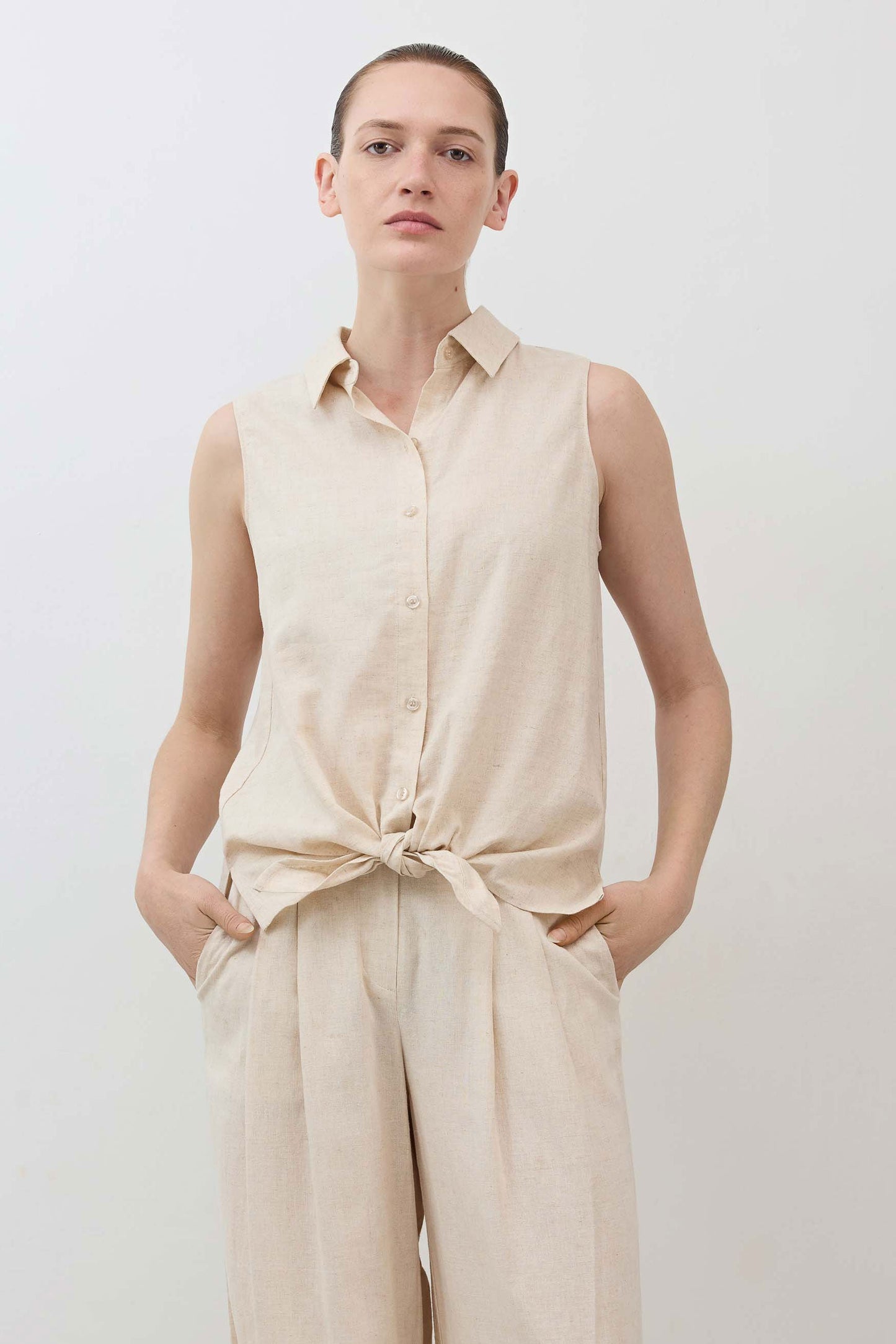 Sleeveless Tie Front Button Down