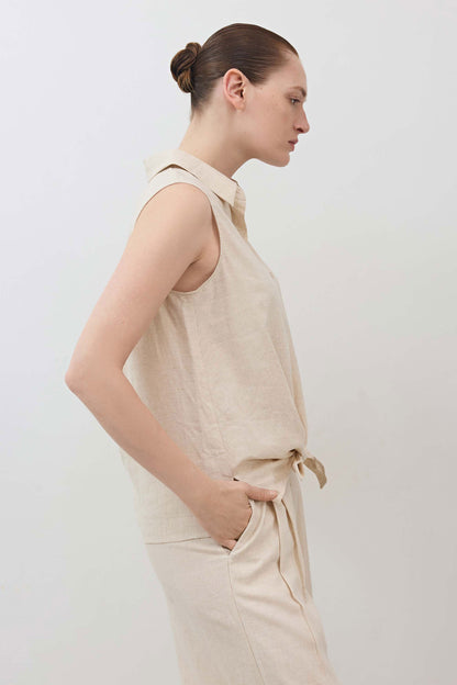 Sleeveless Tie Front Button Down