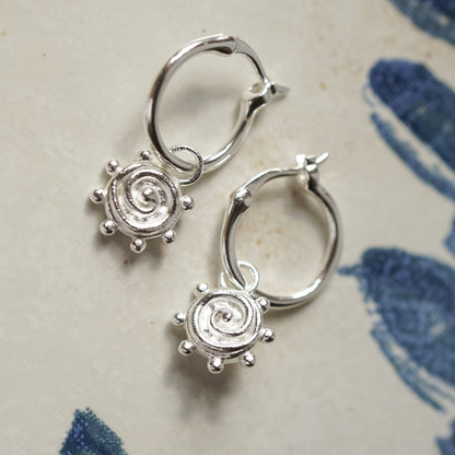 Spiral Sun Charm Earrings Sterling Silver